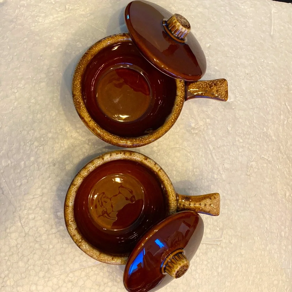 HULL POTTERY Oven Proof Brown Dip Glaze Set of 2 Chili Soup Bowls w/Handle